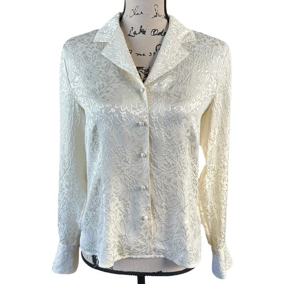 Talbots Pure Silk Shirt Women Sz 8 Ivory Cream Floral Coquette Classic Button Up - Picture 1 of 12